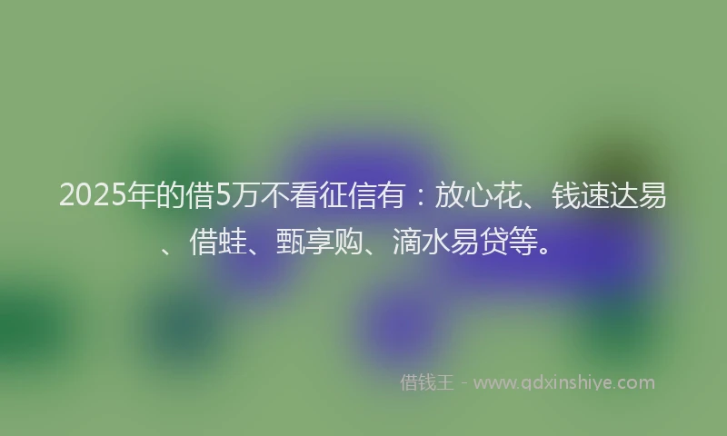 2025年的借5万不看征信有：放心花、钱速达易、借蛙、甄享购、滴水易贷等。