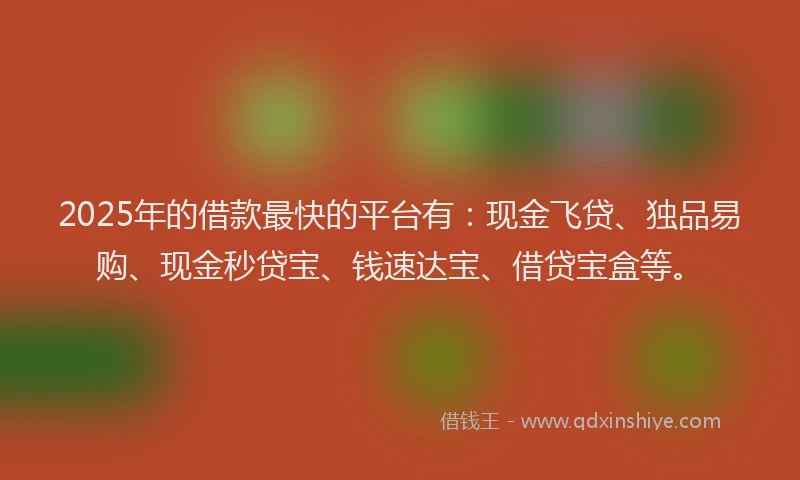 2025年的借款最快的平台有：现金飞贷、独品易购、现金秒贷宝、钱速达宝、借贷宝盒等。