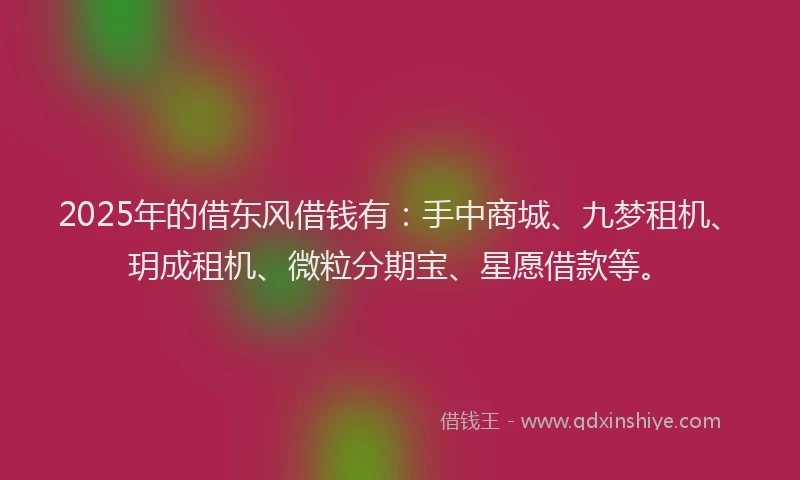 2025年的借东风借钱有：手中商城、九梦租机、玥成租机、微粒分期宝、星愿借款等。