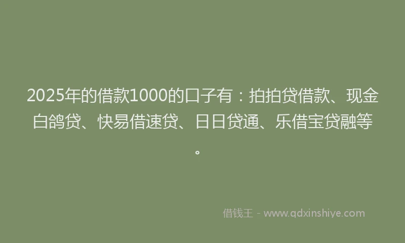 2025年的借款1000的口子有：拍拍贷借款、现金白鸽贷、快易借速贷、日日贷通、乐借宝贷融等。