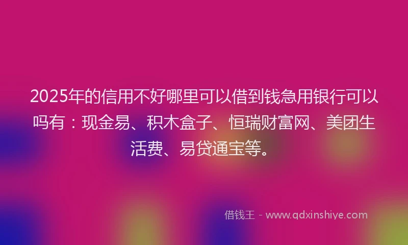 2025年的信用不好哪里可以借到钱急用银行可以吗有：现金易、积木盒子、恒瑞财富网、美团生活费、易贷通宝等。