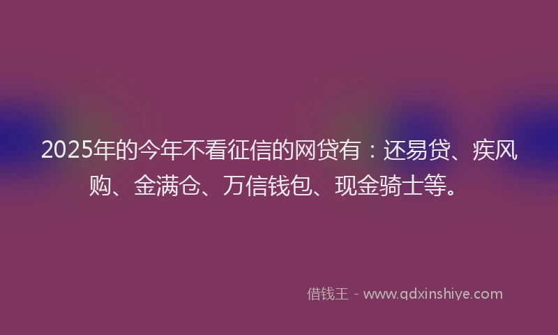 2025年的今年不看征信的网贷有：还易贷、疾风购、金满仓、万信钱包、现金骑士等。