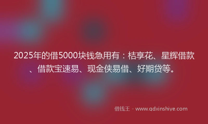 2025年的借5000块钱急用有：桔享花、星辉借款、借款宝速易、现金侠易借、好期贷等。