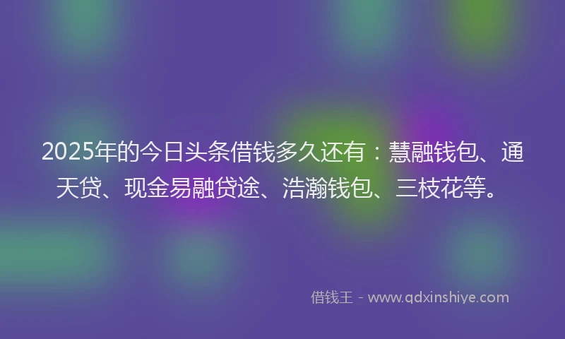 2025年的今日头条借钱多久还有：慧融钱包、通天贷、现金易融贷途、浩瀚钱包、三枝花等。