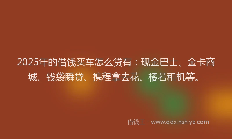 2025年的借钱买车怎么贷有：现金巴士、金卡商城、钱袋瞬贷、携程拿去花、橘若租机等。