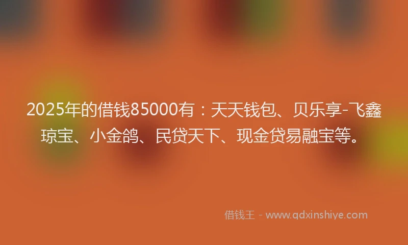 2025年的借钱85000有：天天钱包、贝乐享-飞鑫琼宝、小金鸽、民贷天下、现金贷易融宝等。