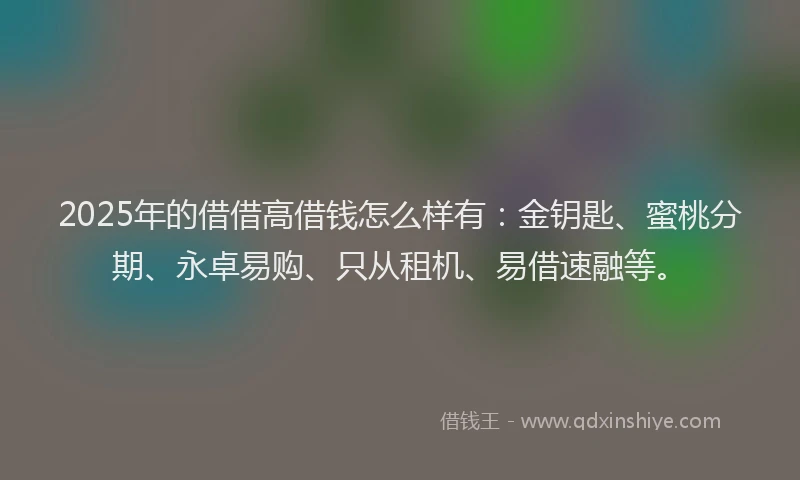 2025年的借借高借钱怎么样有：金钥匙、蜜桃分期、永卓易购、只从租机、易借速融等。