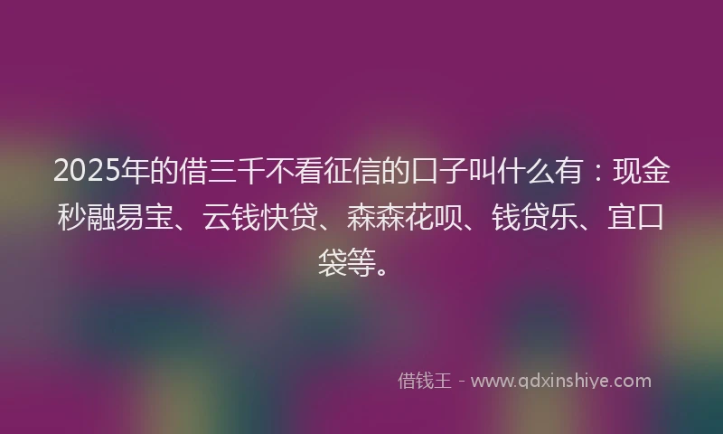 2025年的借三千不看征信的口子叫什么有：现金秒融易宝、云钱快贷、森森花呗、钱贷乐、宜口袋等。
