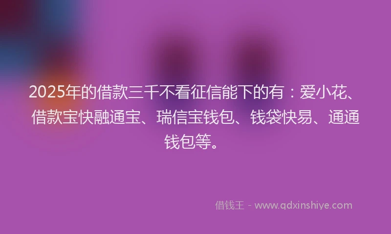 2025年的借款三千不看征信能下的有：爱小花、借款宝快融通宝、瑞信宝钱包、钱袋快易、通通钱包等。