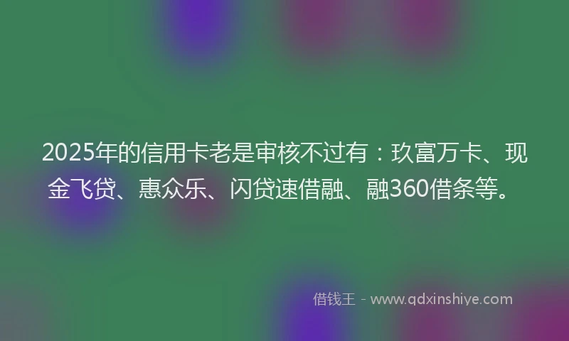 2025年的信用卡老是审核不过有：玖富万卡、现金飞贷、惠众乐、闪贷速借融、融360借条等。