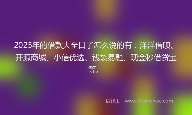 2025年的借款大全口子怎么说的有：洋洋借呗、开源商城、小信优选、钱袋易融、现金秒借贷宝等。