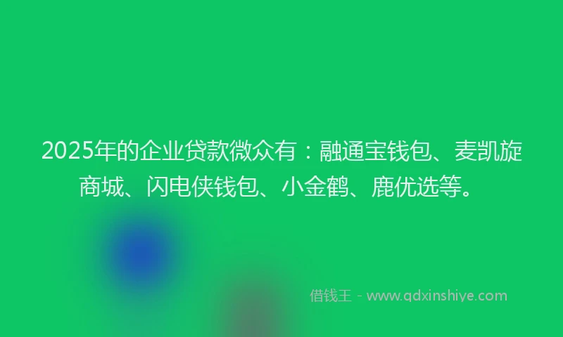 2025年的企业贷款微众有：融通宝钱包、麦凯旋商城、闪电侠钱包、小金鹤、鹿优选等。