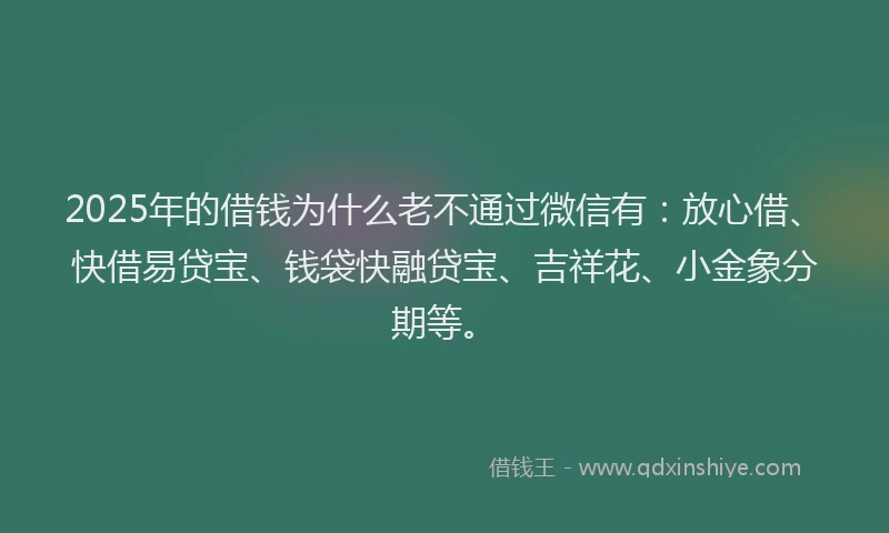 2025年的借钱为什么老不通过微信有：放心借、快借易贷宝、钱袋快融贷宝、吉祥花、小金象分期等。
