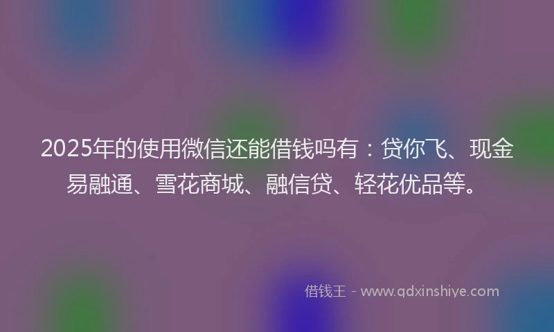 2025年的使用微信还能借钱吗有：贷你飞、现金易融通、雪花商城、融信贷、轻花优品等。