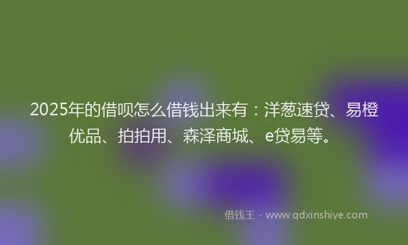 2025年的借呗怎么借钱出来有：洋葱速贷、易橙优品、拍拍用、森泽商城、e贷易等。