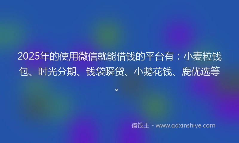 2025年的使用微信就能借钱的平台有：小麦粒钱包、时光分期、钱袋瞬贷、小鹅花钱、鹿优选等。