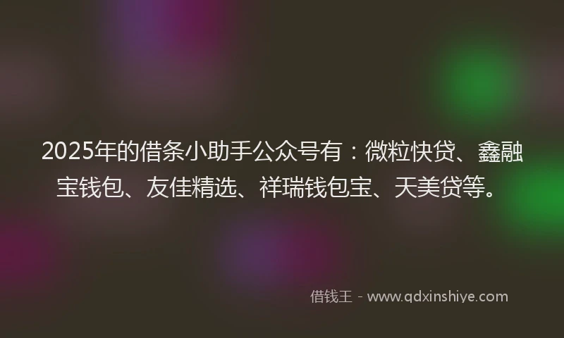 2025年的借条小助手公众号有：微粒快贷、鑫融宝钱包、友佳精选、祥瑞钱包宝、天美贷等。