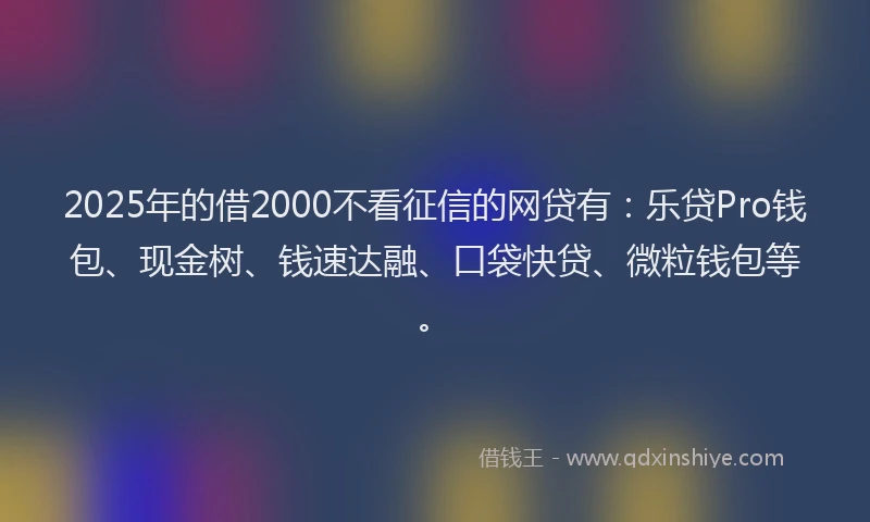 2025年的借2000不看征信的网贷有：乐贷Pro钱包、现金树、钱速达融、口袋快贷、微粒钱包等。