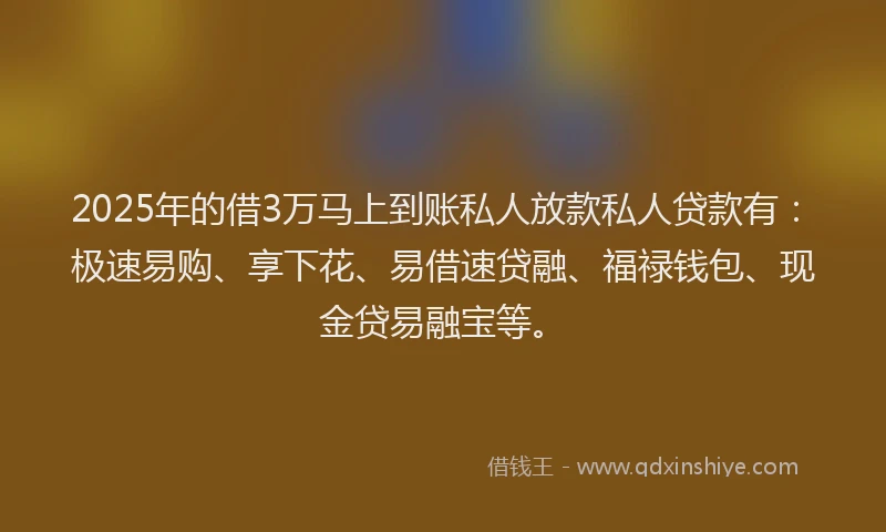 2025年的借3万马上到账私人放款私人贷款有：极速易购、享下花、易借速贷融、福禄钱包、现金贷易融宝等。