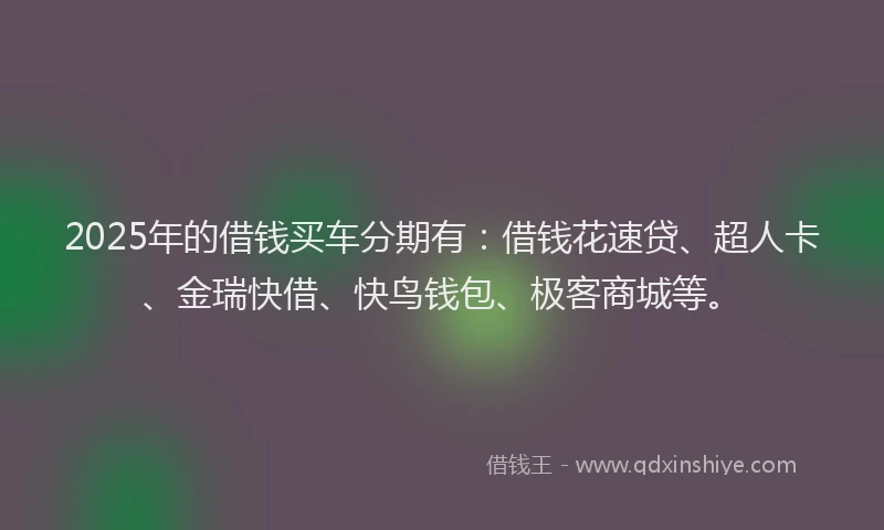2025年的借钱买车分期有：借钱花速贷、超人卡、金瑞快借、快鸟钱包、极客商城等。