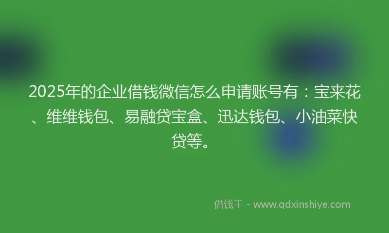 2025年的企业借钱微信怎么申请账号有：宝来花、维维钱包、易融贷宝盒、迅达钱包、小油菜快贷等。