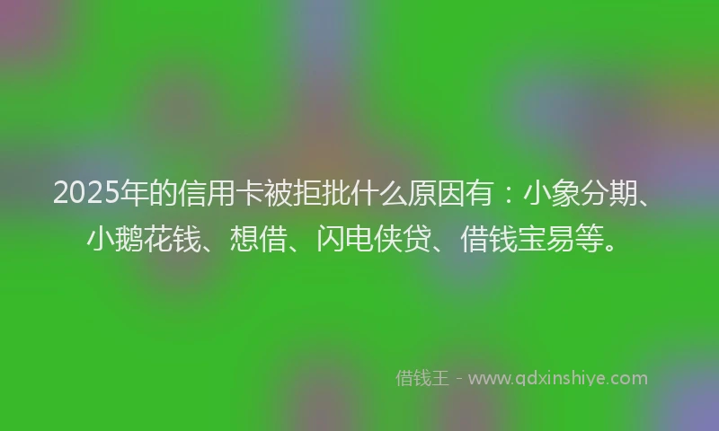 2025年的信用卡被拒批什么原因有：小象分期、小鹅花钱、想借、闪电侠贷、借钱宝易等。
