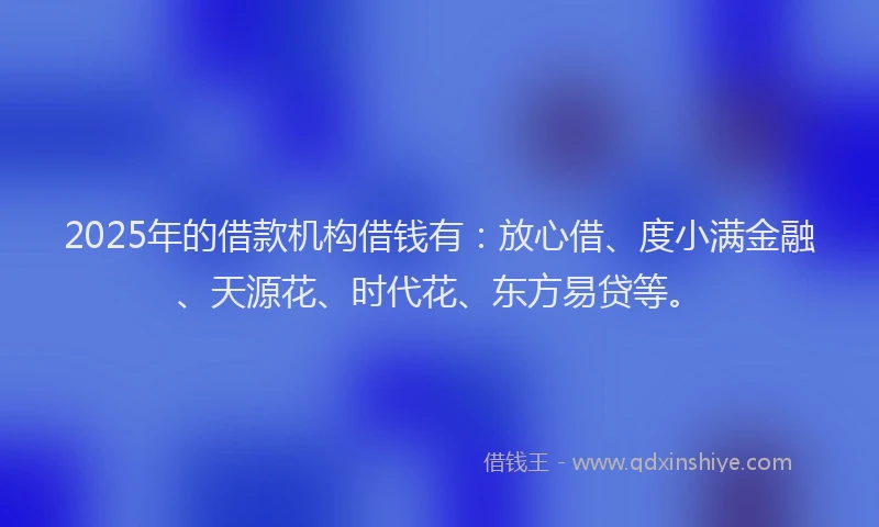 2025年的借款机构借钱有：放心借、度小满金融、天源花、时代花、东方易贷等。