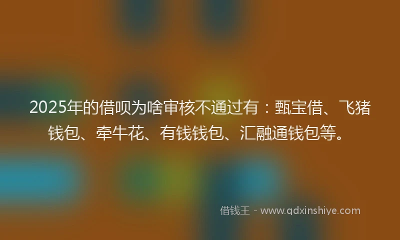 2025年的借呗为啥审核不通过有：甄宝借、飞猪钱包、牵牛花、有钱钱包、汇融通钱包等。