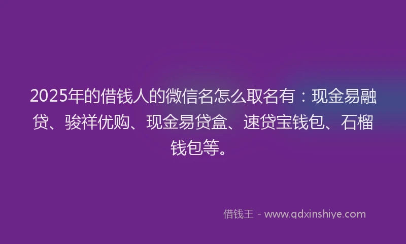 2025年的借钱人的微信名怎么取名有：现金易融贷、骏祥优购、现金易贷盒、速贷宝钱包、石榴钱包等。