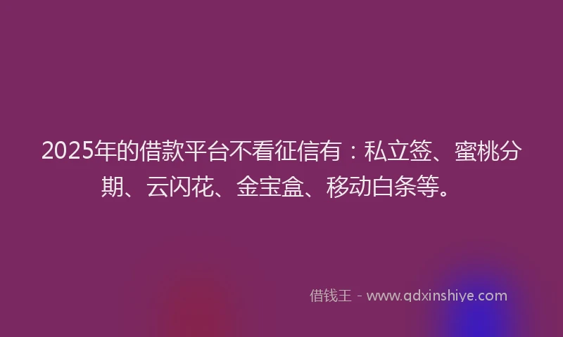 2025年的借款平台不看征信有：私立签、蜜桃分期、云闪花、金宝盒、移动白条等。
