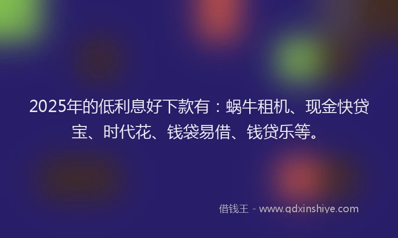 2025年的低利息好下款有：蜗牛租机、现金快贷宝、时代花、钱袋易借、钱贷乐等。