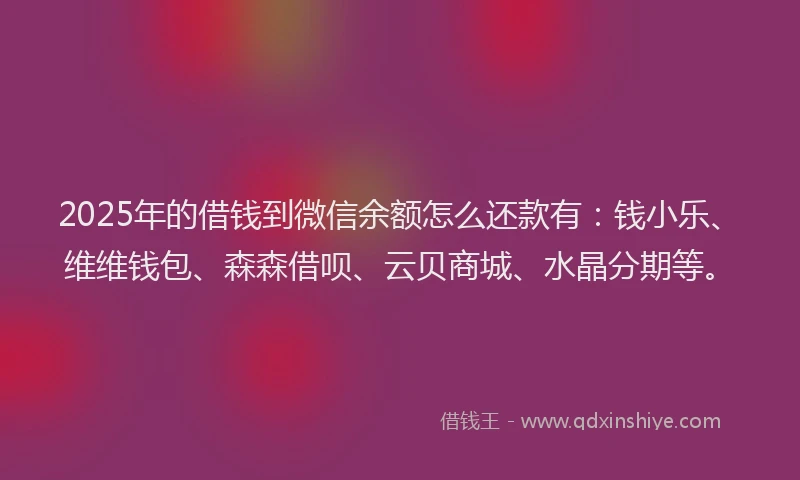 2025年的借钱到微信余额怎么还款有：钱小乐、维维钱包、森森借呗、云贝商城、水晶分期等。