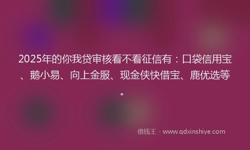 2025年的你我贷审核看不看征信有：口袋信用宝、鹅小易、向上金服、现金侠快借宝、鹿优选等。