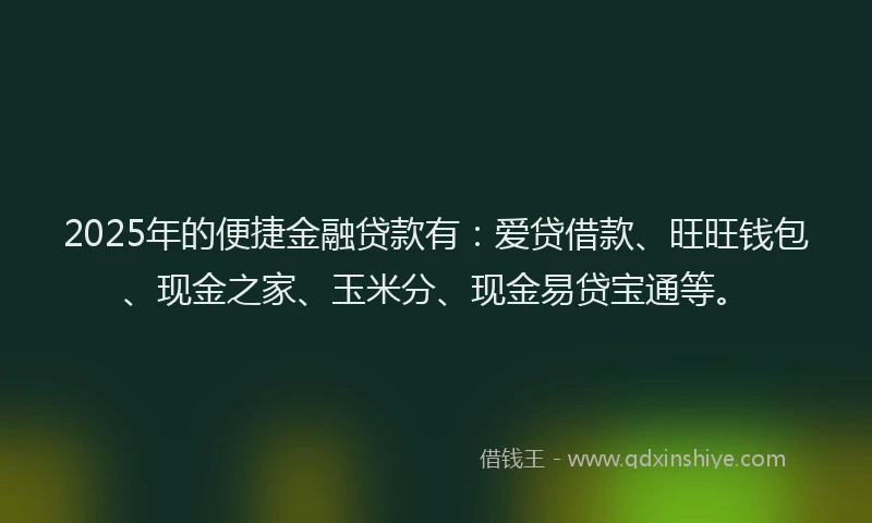2025年的便捷金融贷款有：爱贷借款、旺旺钱包、现金之家、玉米分、现金易贷宝通等。