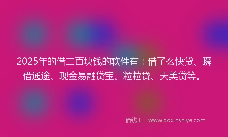2025年的借三百块钱的软件有：借了么快贷、瞬借通途、现金易融贷宝、粒粒贷、天美贷等。