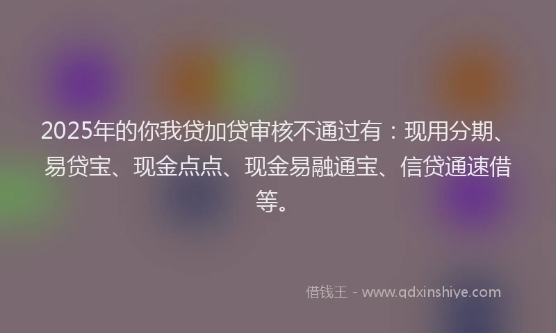 2025年的你我贷加贷审核不通过有：现用分期、易贷宝、现金点点、现金易融通宝、信贷通速借等。