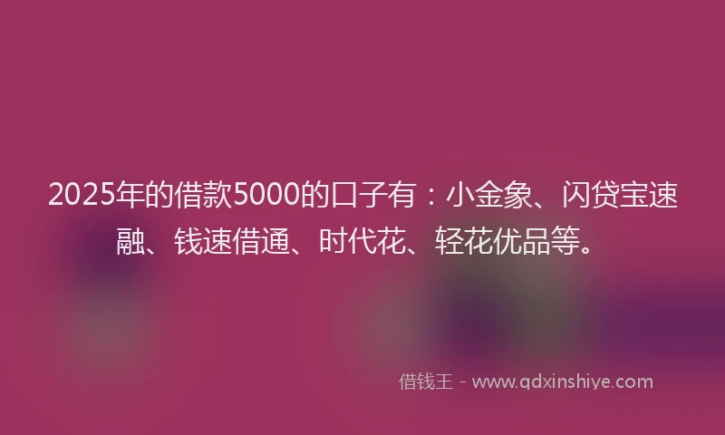 2025年的借款5000的口子有：小金象、闪贷宝速融、钱速借通、时代花、轻花优品等。