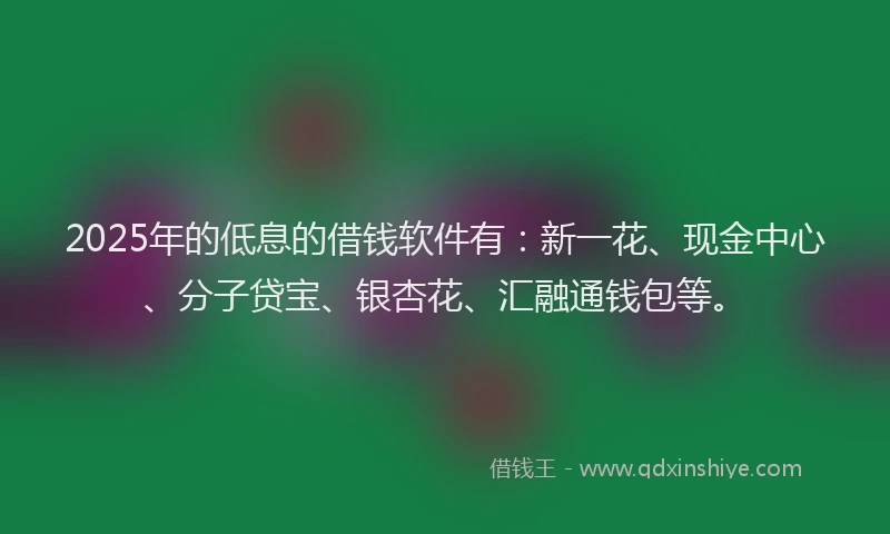 2025年的低息的借钱软件有：新一花、现金中心、分子贷宝、银杏花、汇融通钱包等。