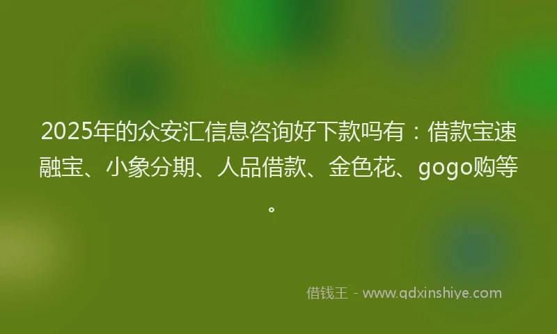 2025年的众安汇信息咨询好下款吗有：借款宝速融宝、小象分期、人品借款、金色花、gogo购等。