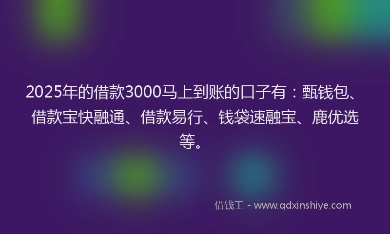 2025年的借款3000马上到账的口子有：甄钱包、借款宝快融通、借款易行、钱袋速融宝、鹿优选等。