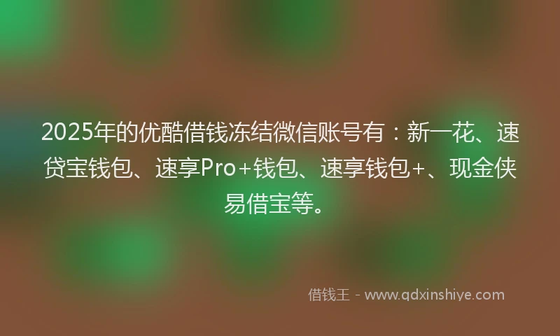2025年的优酷借钱冻结微信账号有：新一花、速贷宝钱包、速享Pro+钱包、速享钱包+、现金侠易借宝等。