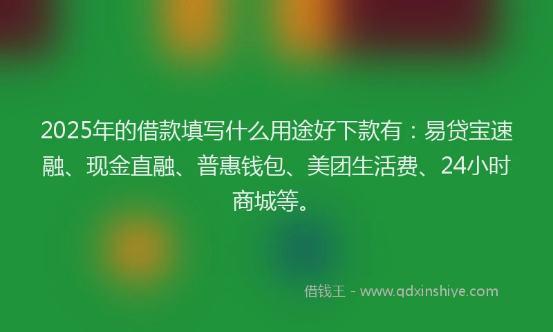 2025年的借款填写什么用途好下款有：易贷宝速融、现金直融、普惠钱包、美团生活费、24小时商城等。