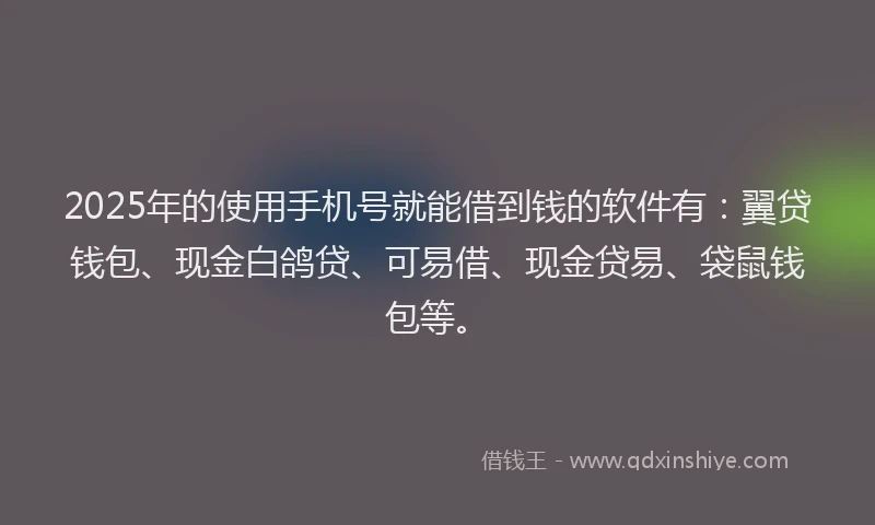 2025年的使用手机号就能借到钱的软件有：翼贷钱包、现金白鸽贷、可易借、现金贷易、袋鼠钱包等。
