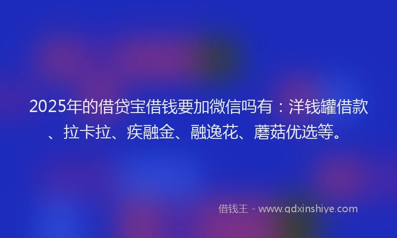 2025年的借贷宝借钱要加微信吗有：洋钱罐借款、拉卡拉、疾融金、融逸花、蘑菇优选等。