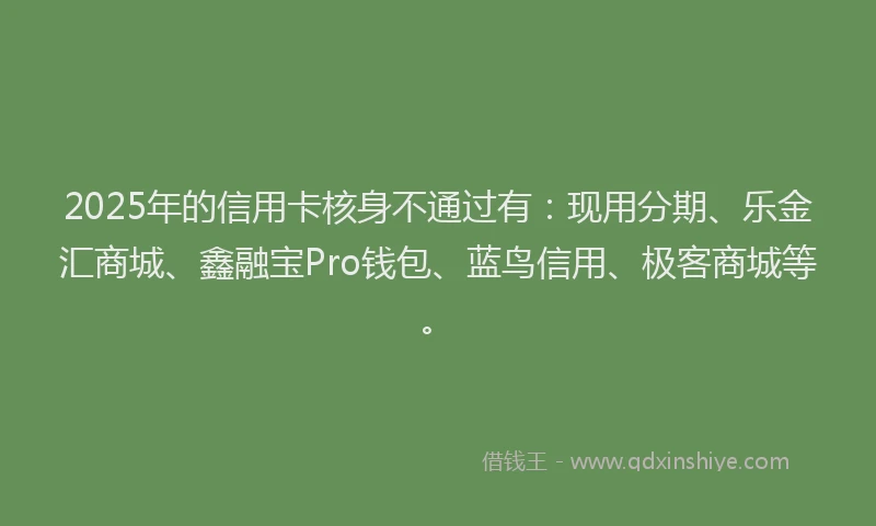 2025年的信用卡核身不通过有：现用分期、乐金汇商城、鑫融宝Pro钱包、蓝鸟信用、极客商城等。