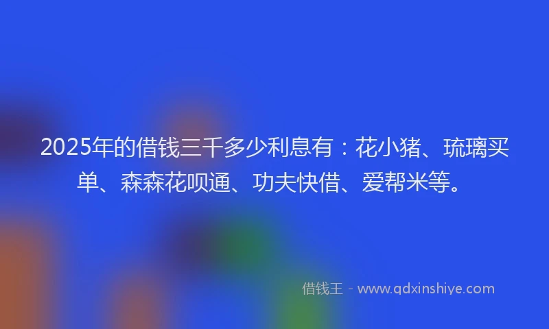 2025年的借钱三千多少利息有：花小猪、琉璃买单、森森花呗通、功夫快借、爱帮米等。