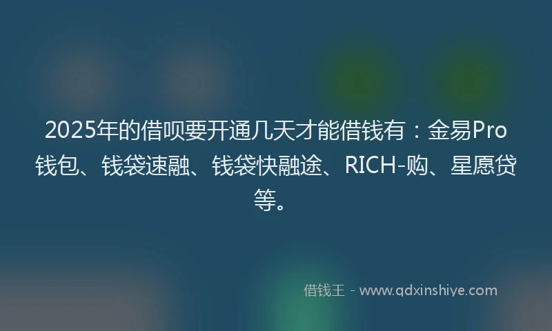 2025年的借呗要开通几天才能借钱有：金易Pro钱包、钱袋速融、钱袋快融途、RICH-购、星愿贷等。