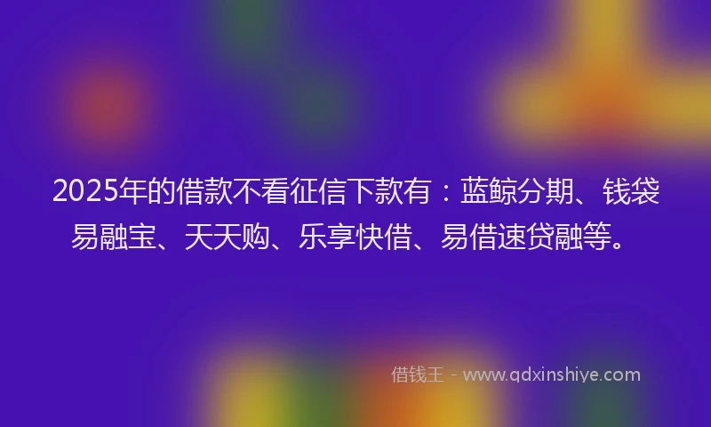 2025年的借款不看征信下款有：蓝鲸分期、钱袋易融宝、天天购、乐享快借、易借速贷融等。