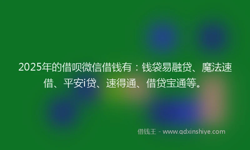 2025年的借呗微信借钱有：钱袋易融贷、魔法速借、平安i贷、速得通、借贷宝通等。