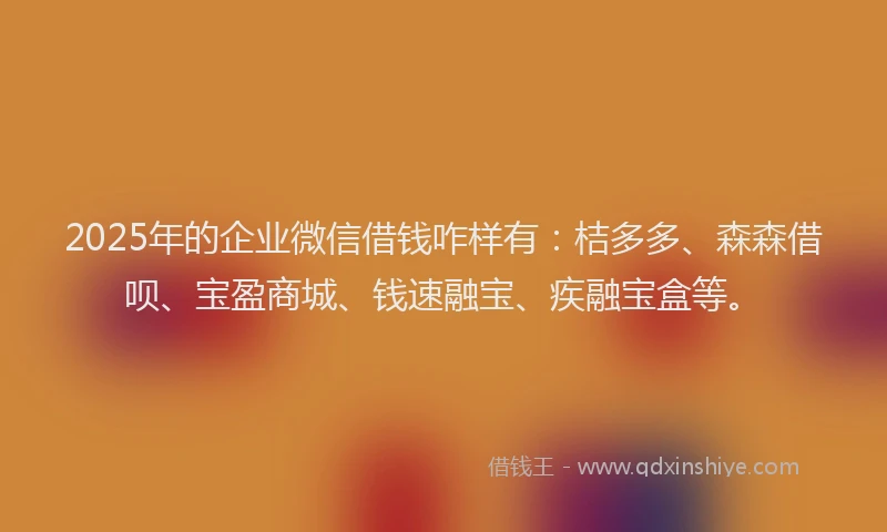 2025年的企业微信借钱咋样有：桔多多、森森借呗、宝盈商城、钱速融宝、疾融宝盒等。